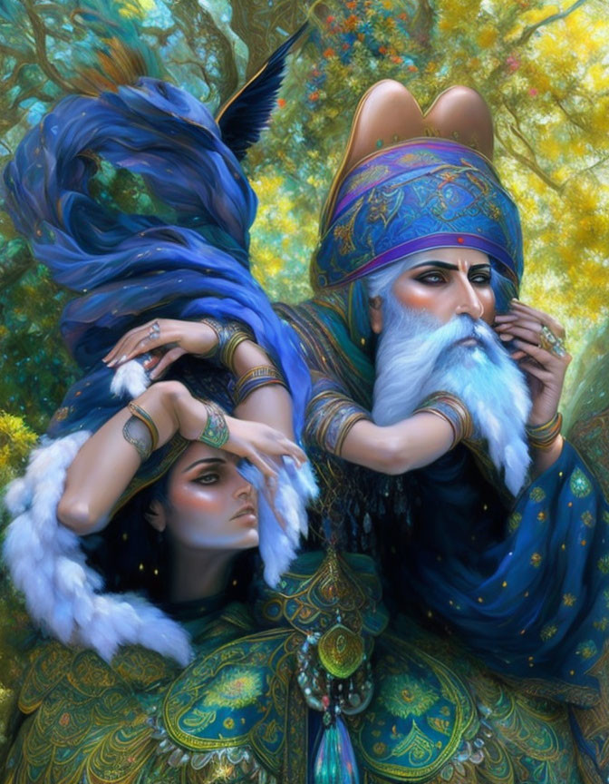 Illustration of wise man with long white beard and woman in peacock feather attire.