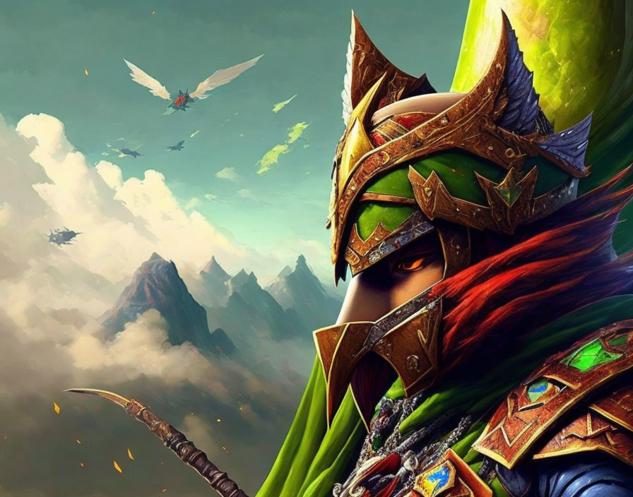 Fantasy artwork: Armored elf with green cloak and flying dragon.