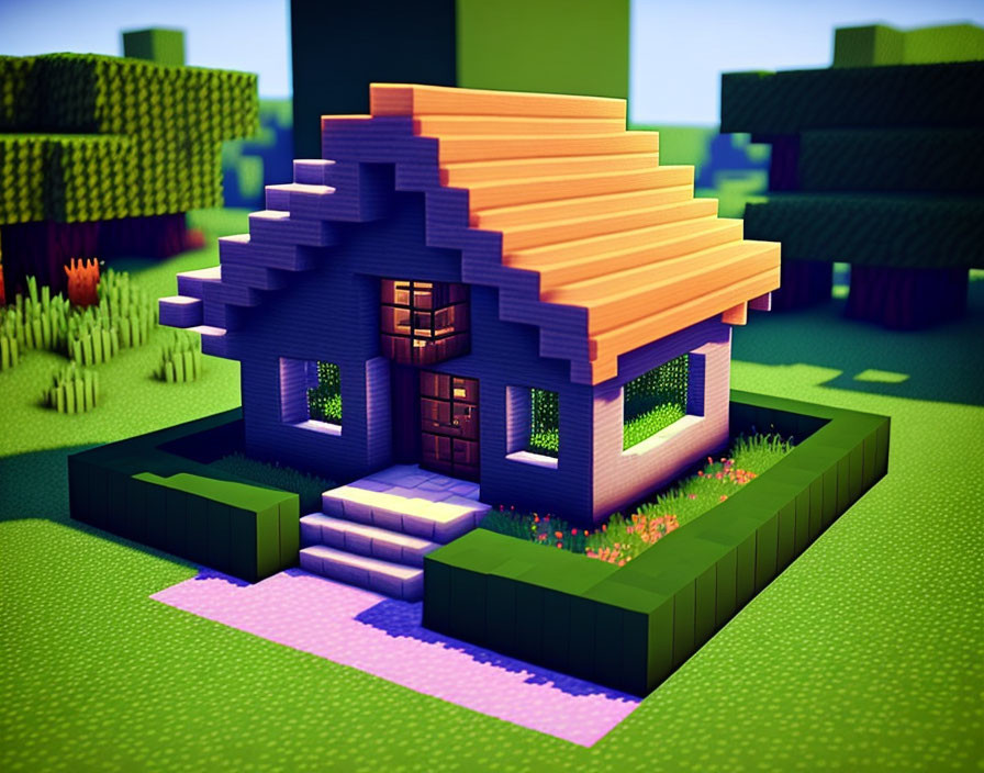 Colorful voxel art of a stylized house with blue and orange roof in blocky landscape