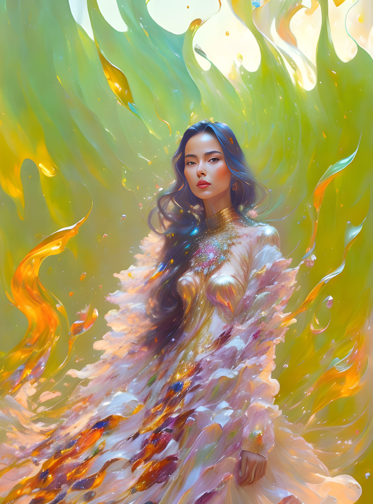 Woman in flowing dress surrounded by vibrant flames and swirled colors