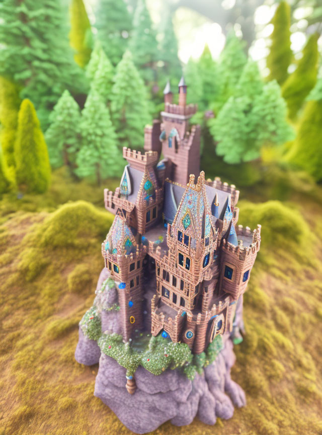 Miniature fairy-tale castle in pine tree forest landscape