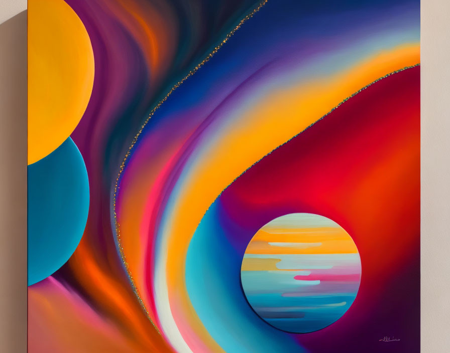 Vibrant Abstract Painting with Purple, Blue, and Orange Swirls