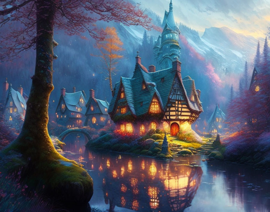 Twilight fairy-tale village with illuminated cottages, castle, and mystical woods