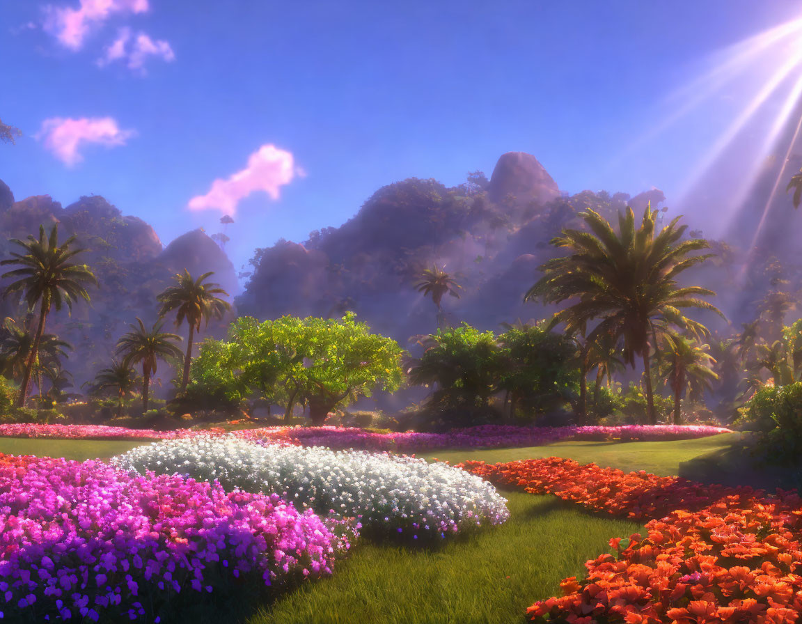 Colorful Flower Garden Under Bright Sun with Palm Trees & Misty Mountains