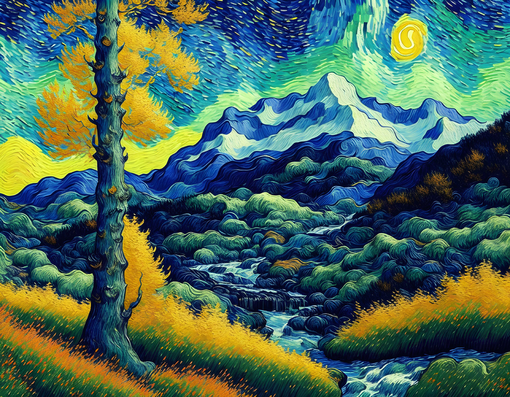 Colorful landscape painting with swirling sky, yellow tree, green hills, and mountain