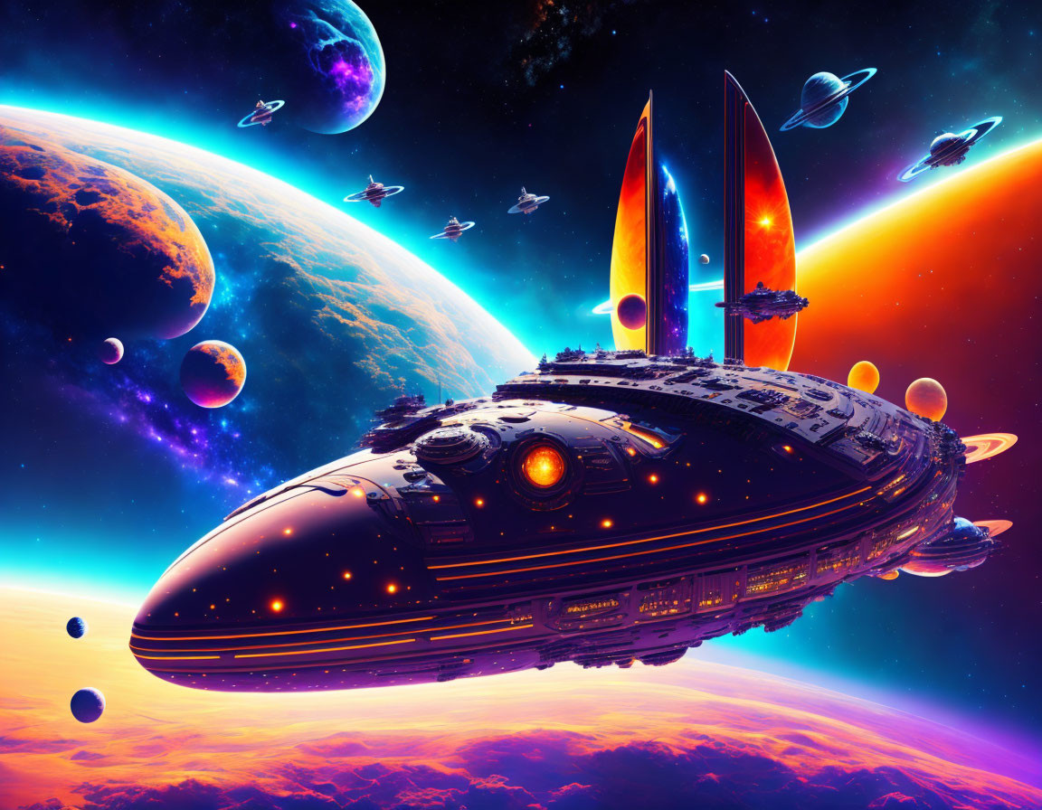 Futuristic spaceship in vibrant sci-fi scene with colorful planets and starry nebula