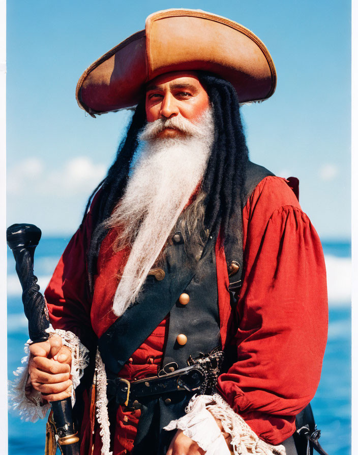 Classic Pirate Costume with Large Hat, Red Coat, Beard, and Hook Hand by the Sea