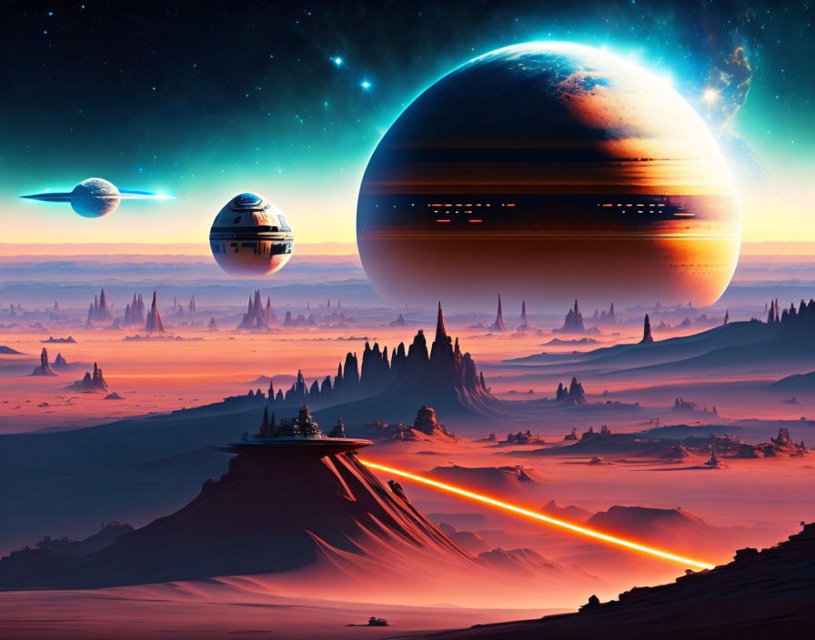 Futuristic sci-fi landscape with large planets, desert, and red beam