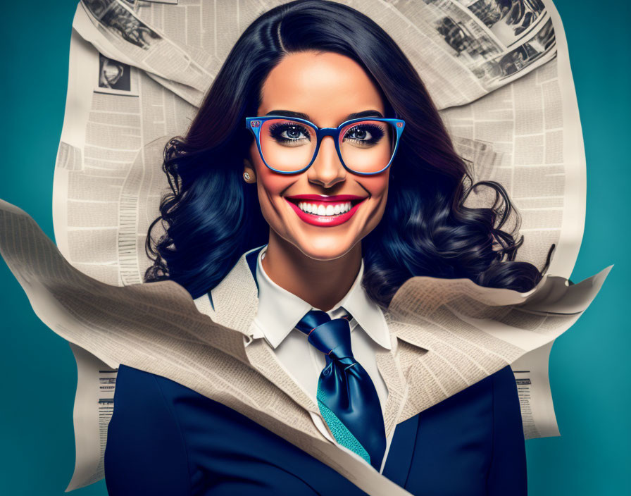 Dark-Haired Woman in Blue Glasses with Papers on Teal Background