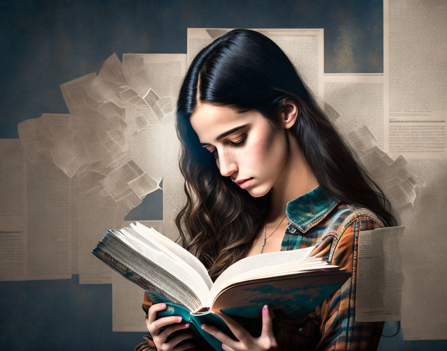 Long-haired woman immersed in book with floating papers on map-themed background.