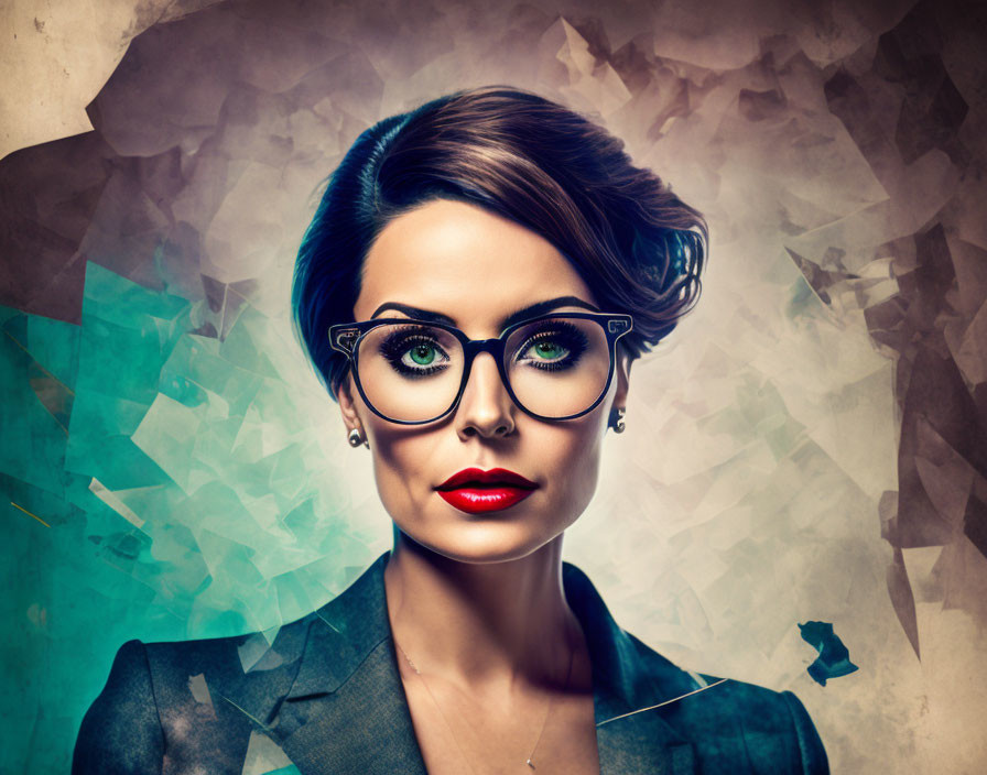 Portrait of woman with glasses, red lipstick, and elegant hairstyle against colorful abstract background