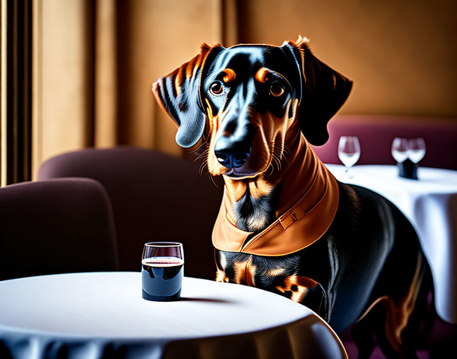 Stylized illustration of Doberman Pinscher with wine at elegant dining table