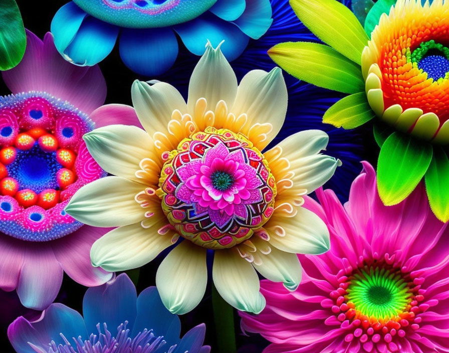 Colorful digitally-altered flowers in intricate patterns: a surreal botanical display