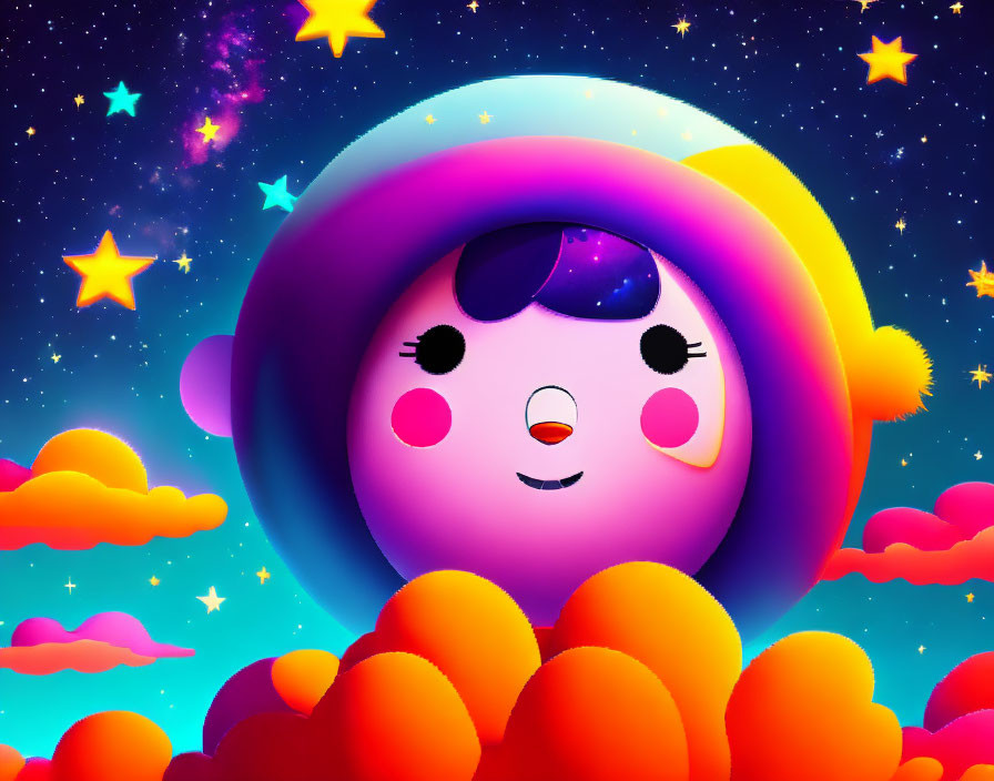 Vibrant illustration of cute character in starry night sky