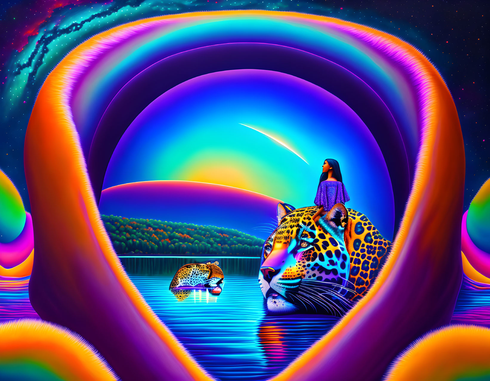 Colorful Psychedelic Artwork: Woman on Leopard with Mirrored Image