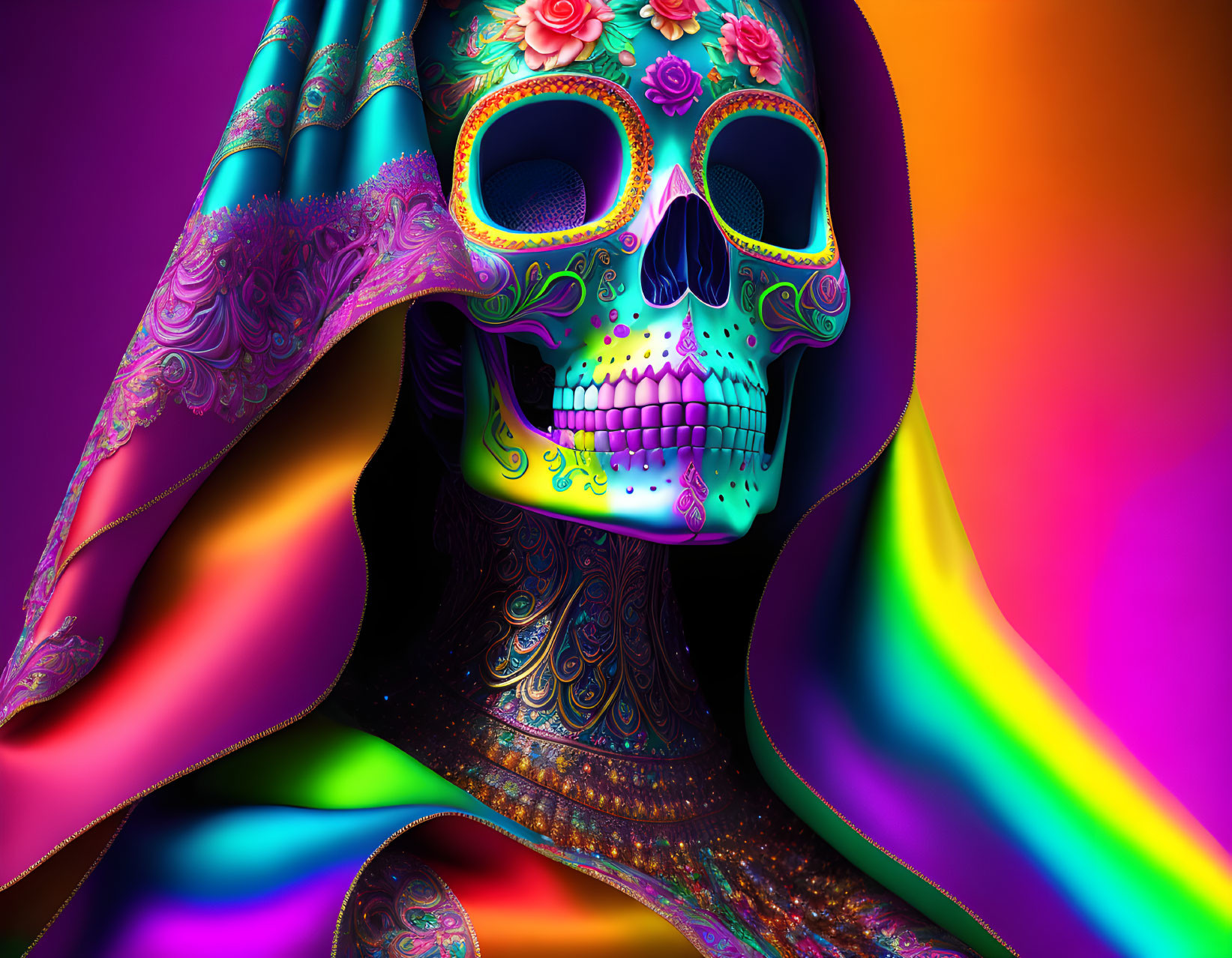 Colorful Skull Artwork with Floral Patterns on Psychedelic Background