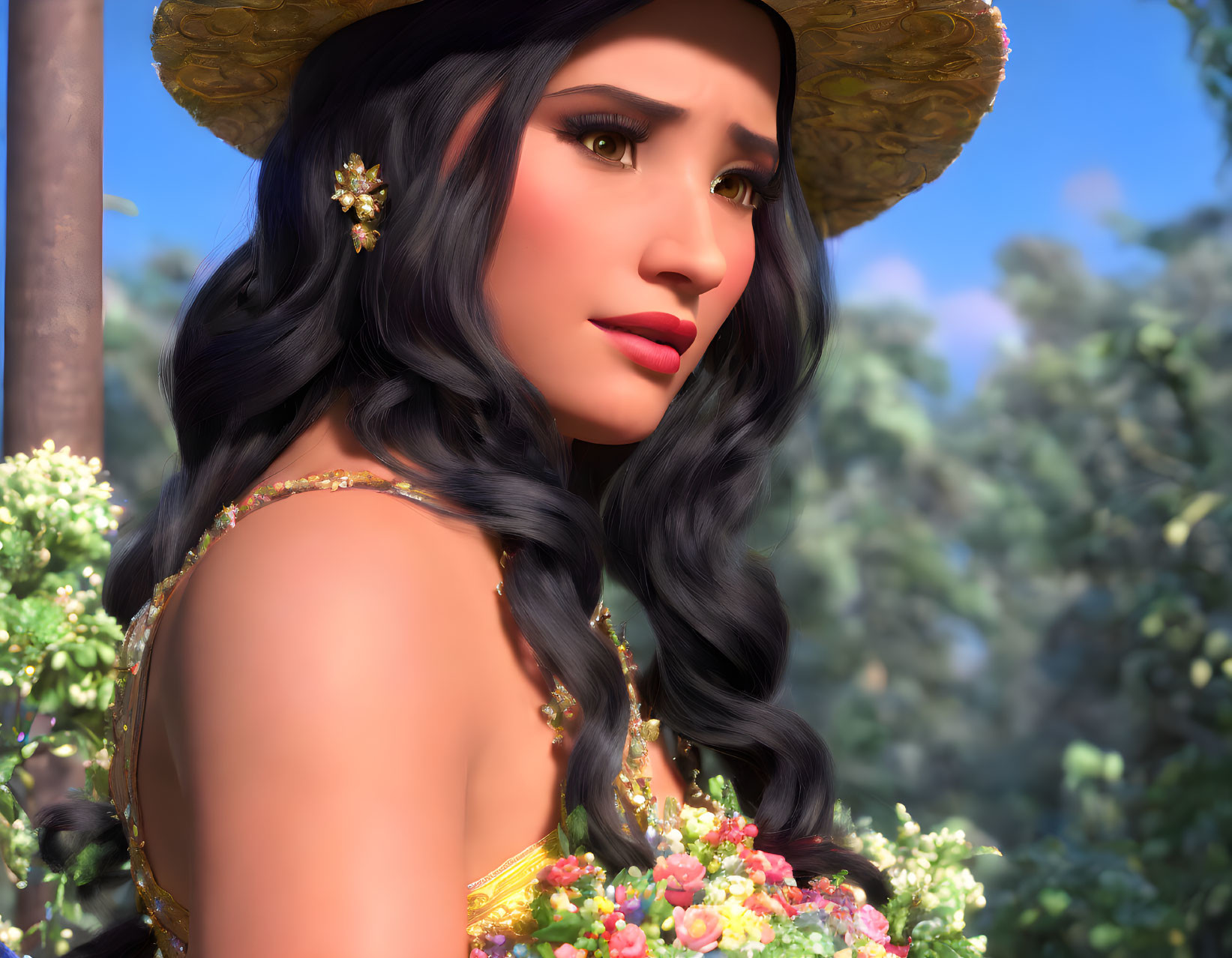 3D-rendered image of woman in floral dress and straw hat