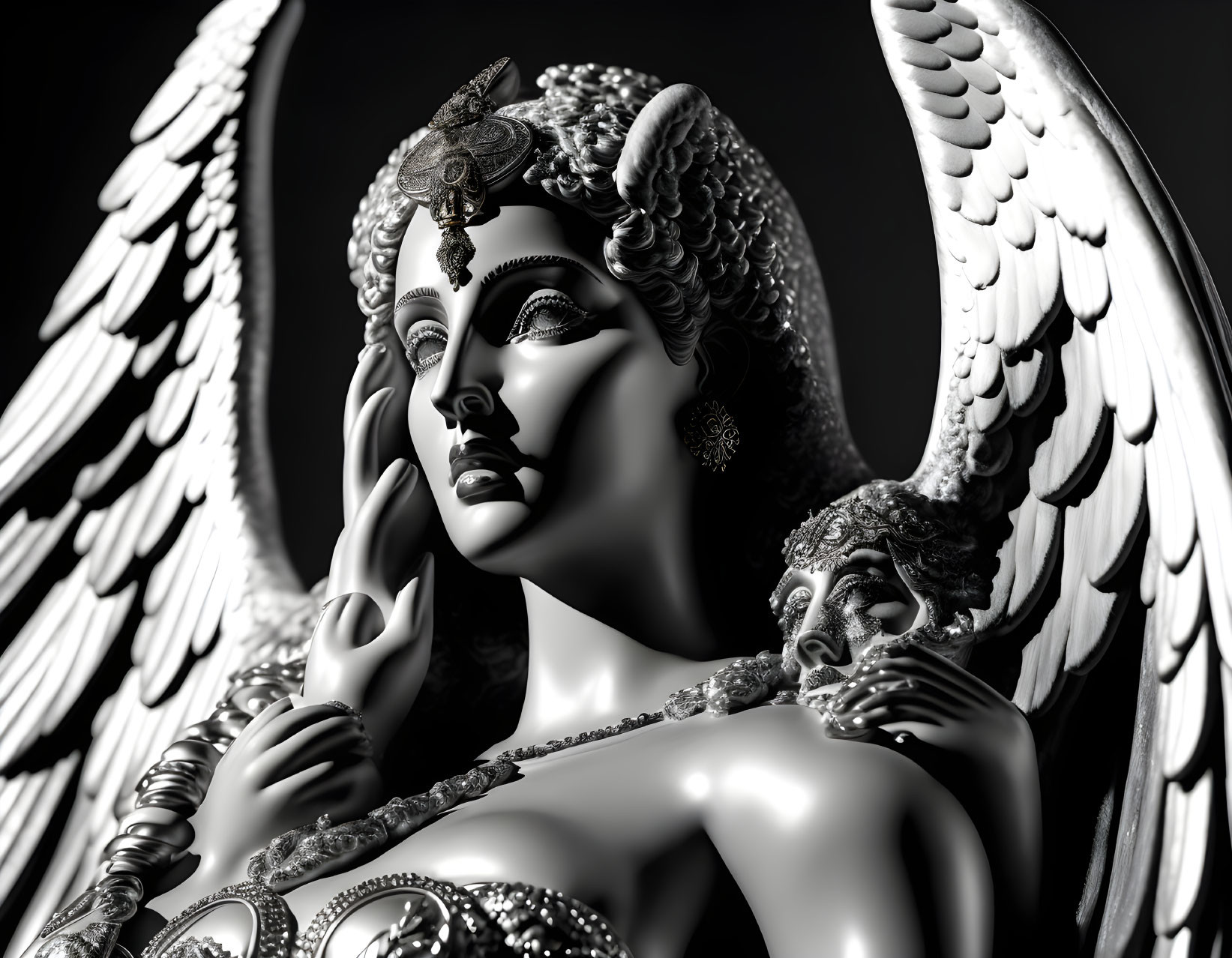 Detailed monochrome angelic figure with ornate jewelry and serene expression