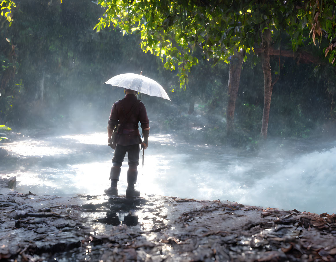 Person with umbrella walking in misty sunlit forest with wet path and lush greenery