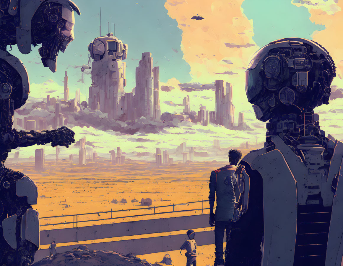 Man between two robots in futuristic cityscape under yellow sky