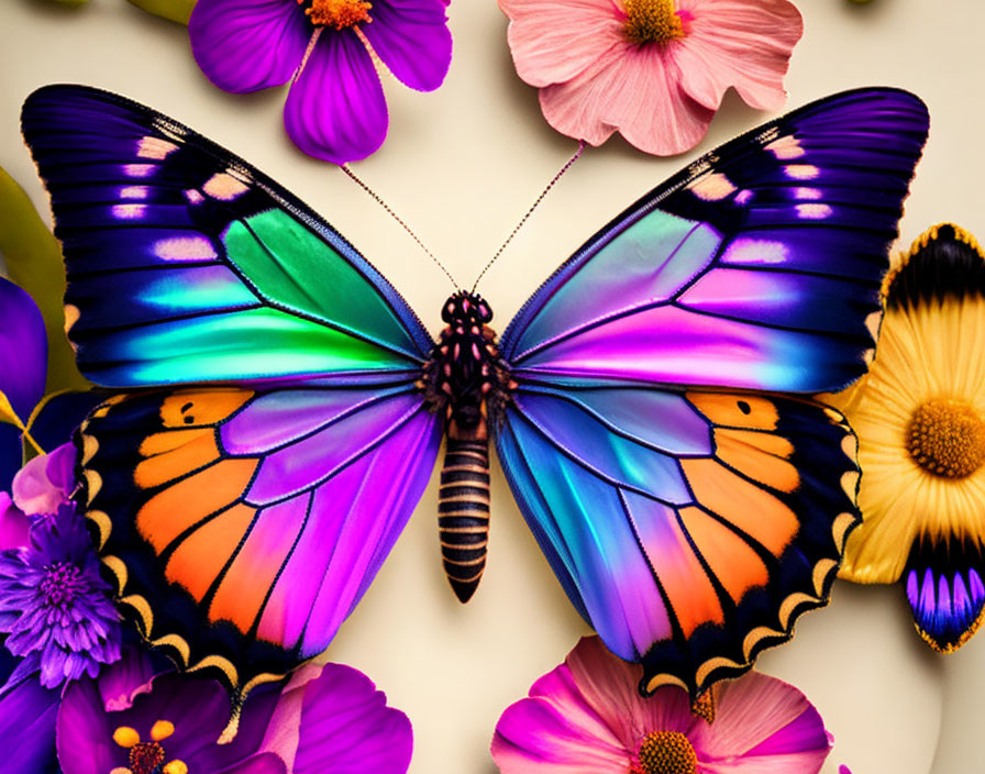 Colorful Butterfly Resting on Vibrant Flowers