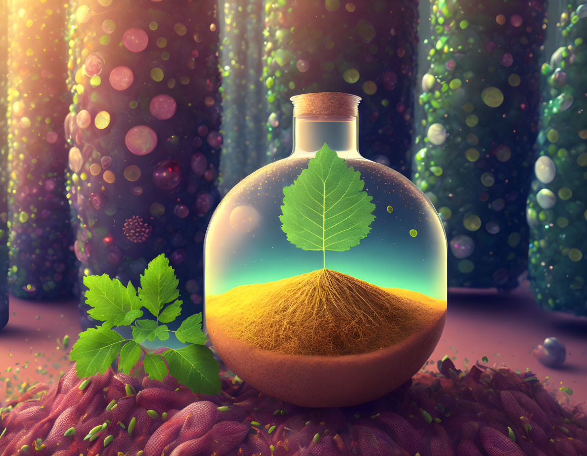 Colorful Glass Bottle with Miniature Tree in Vibrant Forest Scene