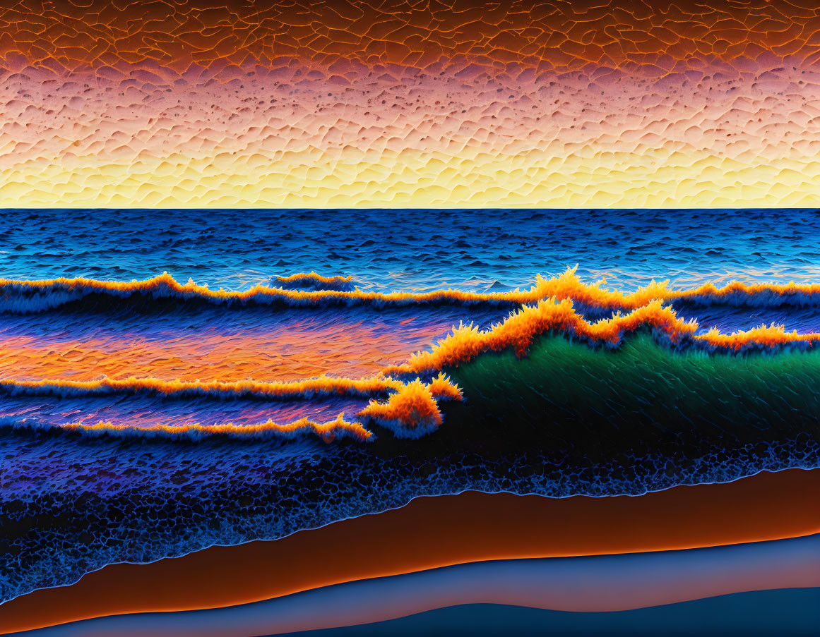 Colorful seascape digital artwork with textured sky and fiery waves.