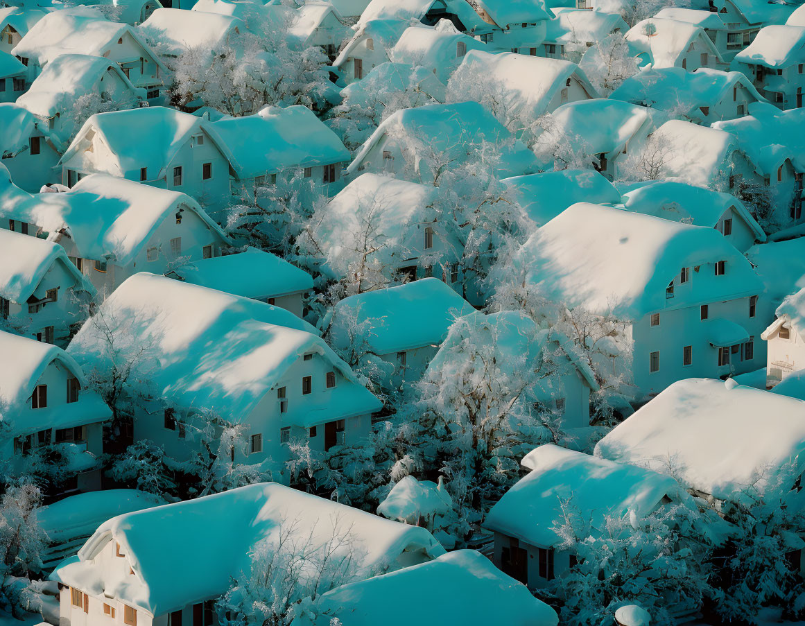 Snow-covered suburban neighborhood with houses and trees in aerial view