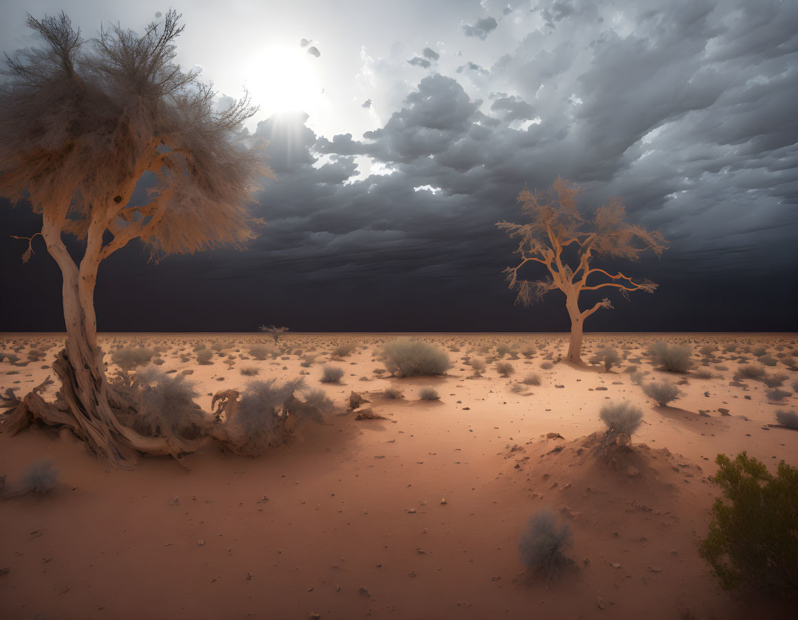 Barren desert scene with two trees under moody sky