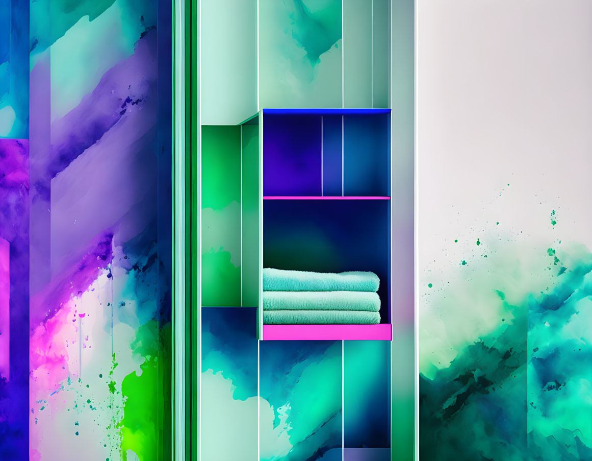 Abstract Geometric Interior with Vibrant Colors and Towel Shelf