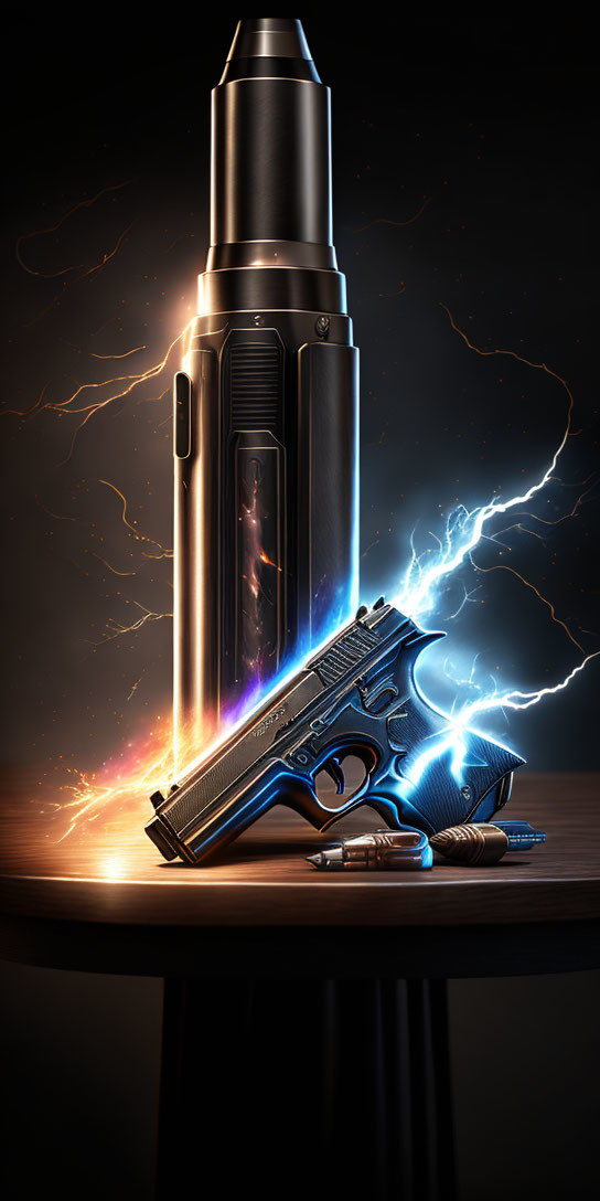 Futuristic rocket ship model next to sleek handgun with blue lighting effects