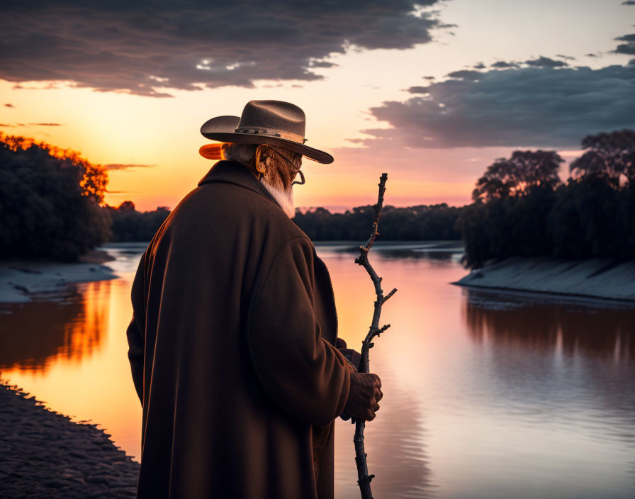 Elderly person in hat and coat by river at sunset