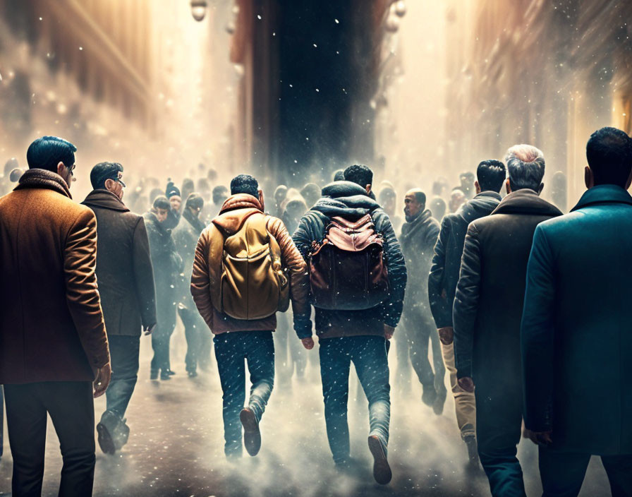 Busy Street Scene with People Walking in Warm Light and Snowy Haze