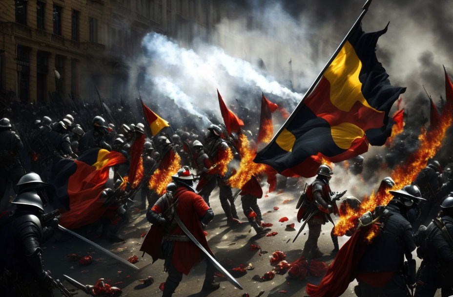 Medieval battle scene with knights, flag, smoke, fire, fallen soldiers