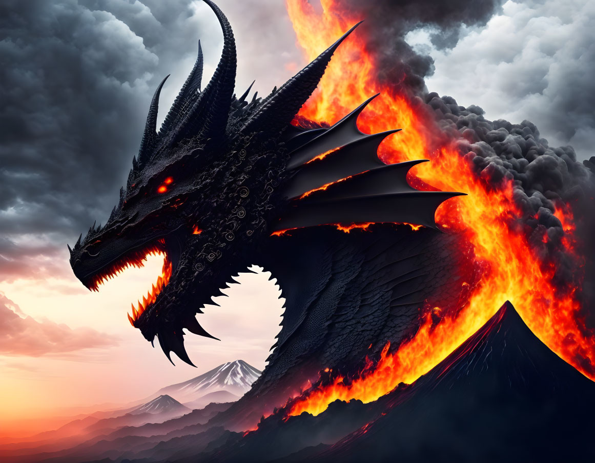 Black Dragon with Glowing Red Eyes on Fiery Volcano