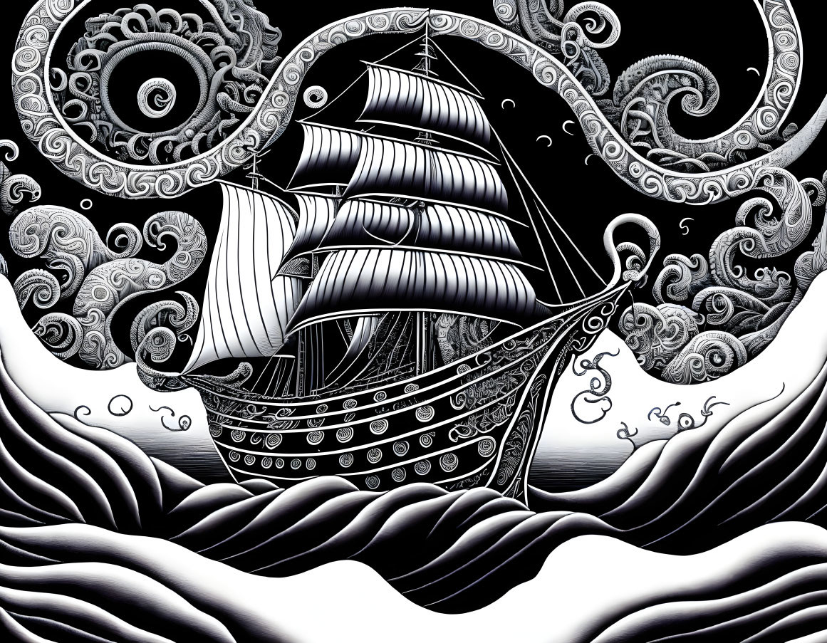 Detailed black and white sailing ship illustration on wavy seas with ornate sky patterns