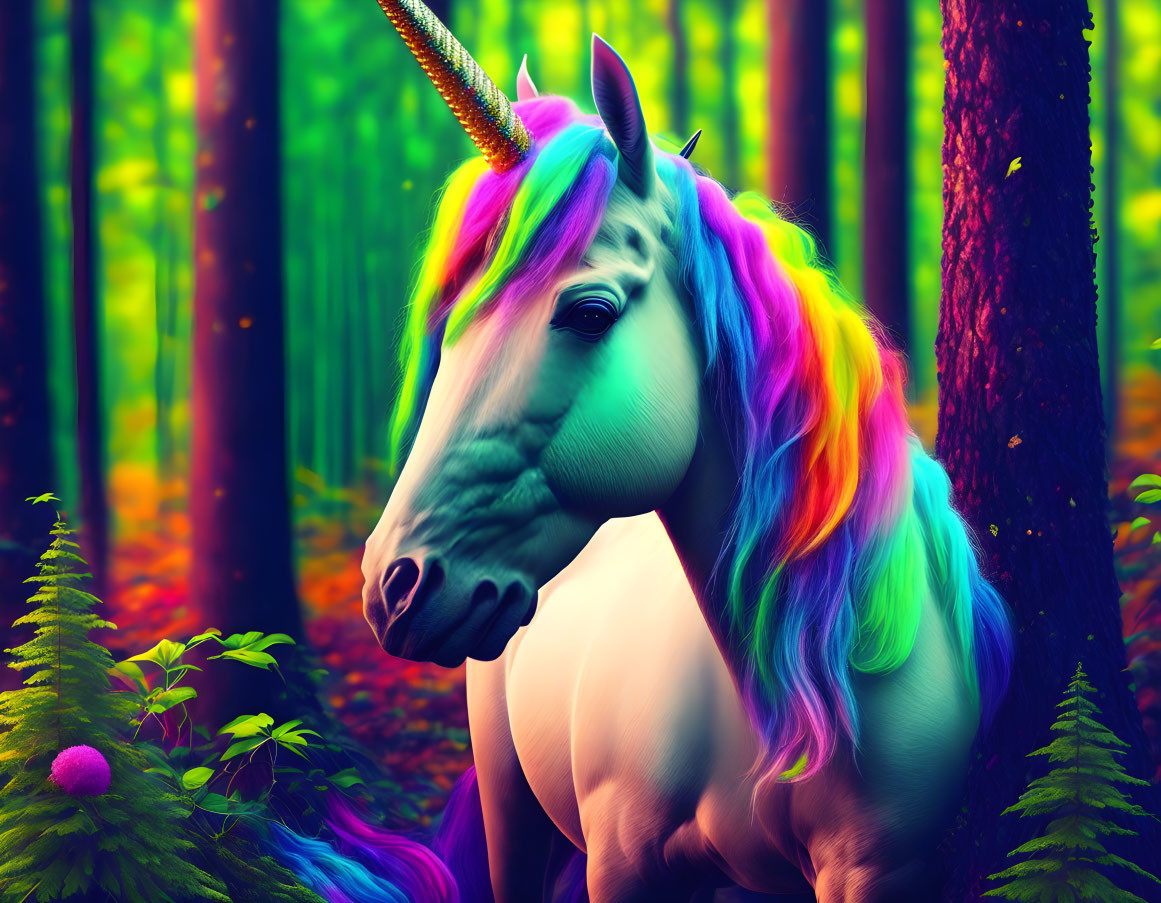 Colorful unicorn with rainbow mane in vibrant forest