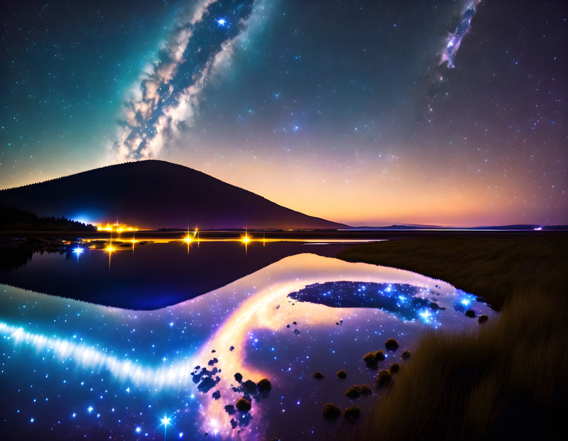 Starry night landscape with lake, hill, and distant lights