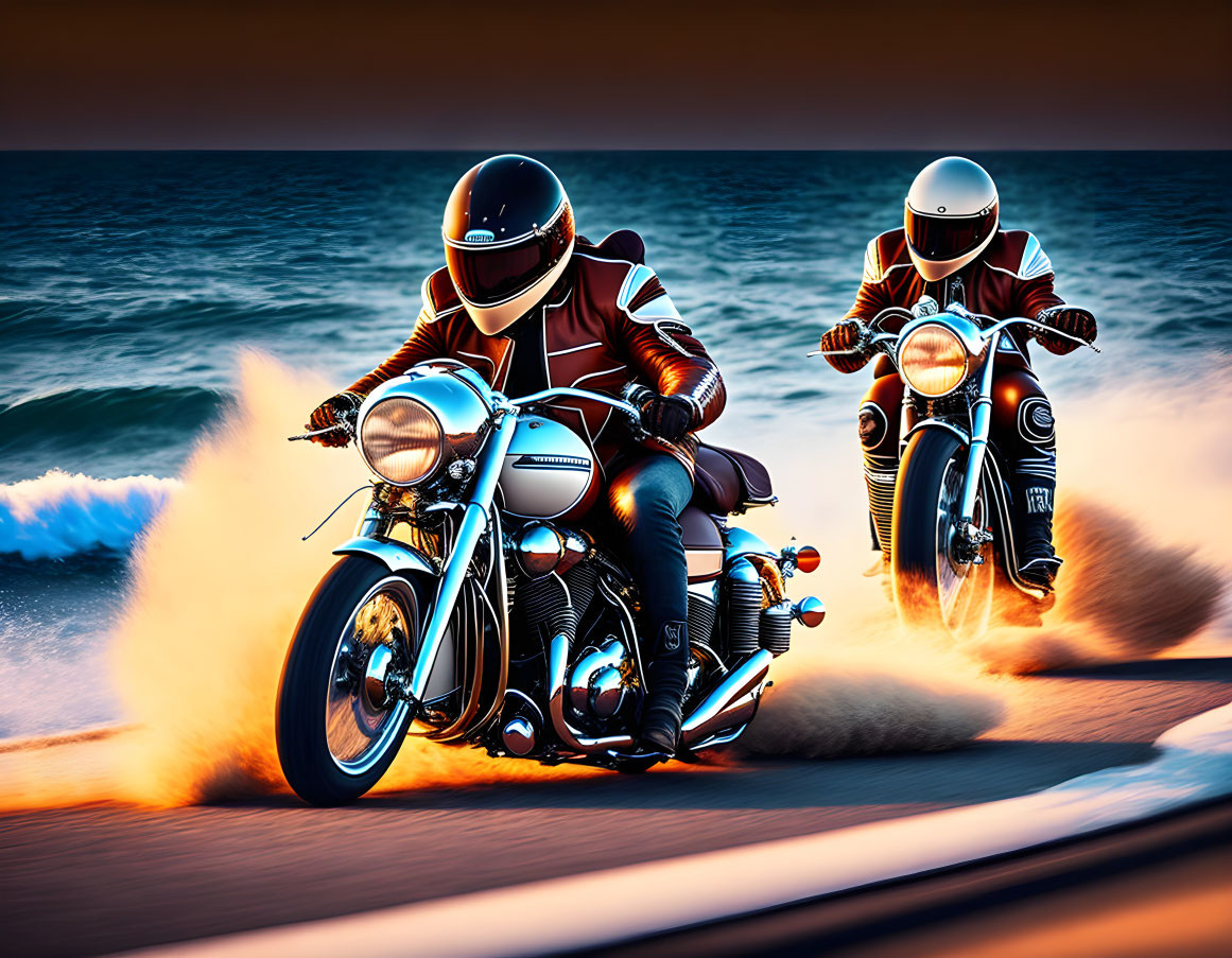 Vintage motorcyclists on coastal road at sunset with dynamic lighting