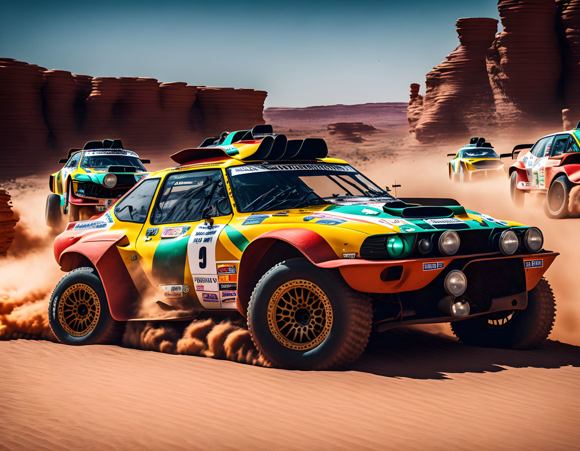 Colorful rally cars racing through desert with dust plumes