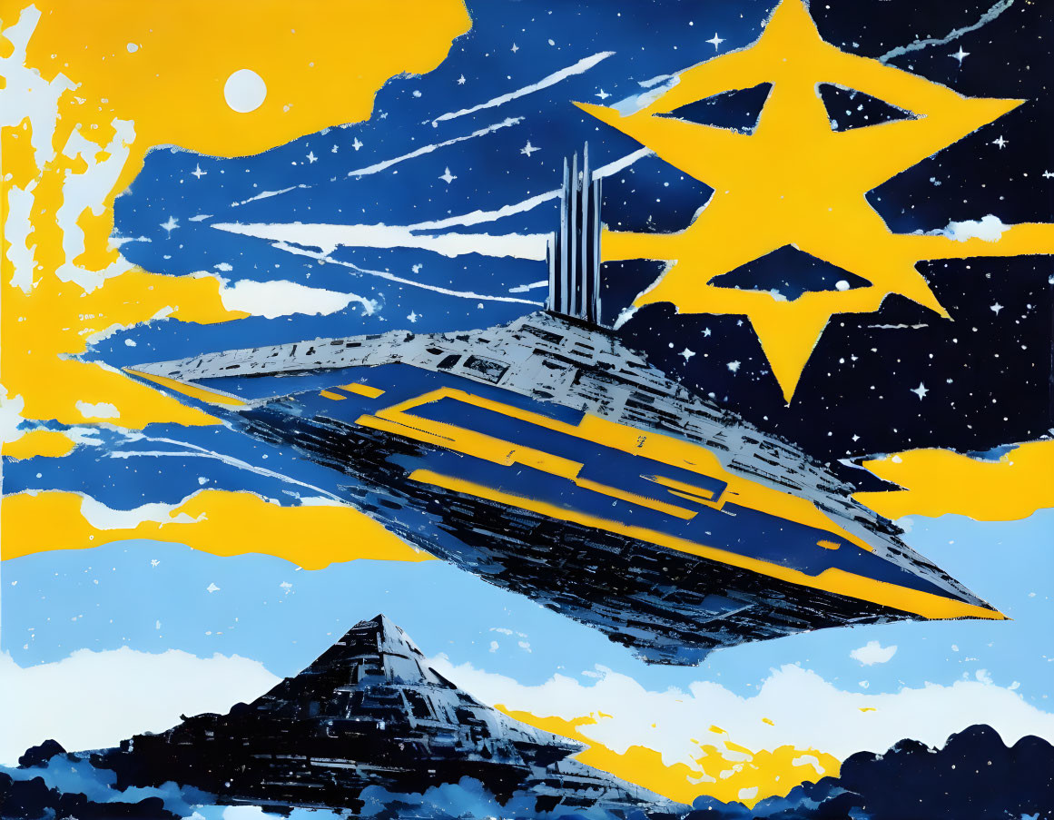 Large spaceship above pyramid under starry sky with starburst pattern.