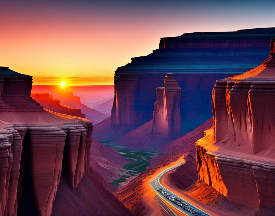 Vibrant sunset over winding road and red sandstone formations