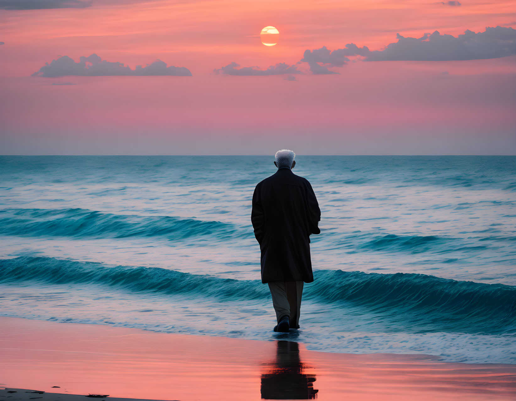 Person in coat and hat on beach at sunset with waves and colorful sky