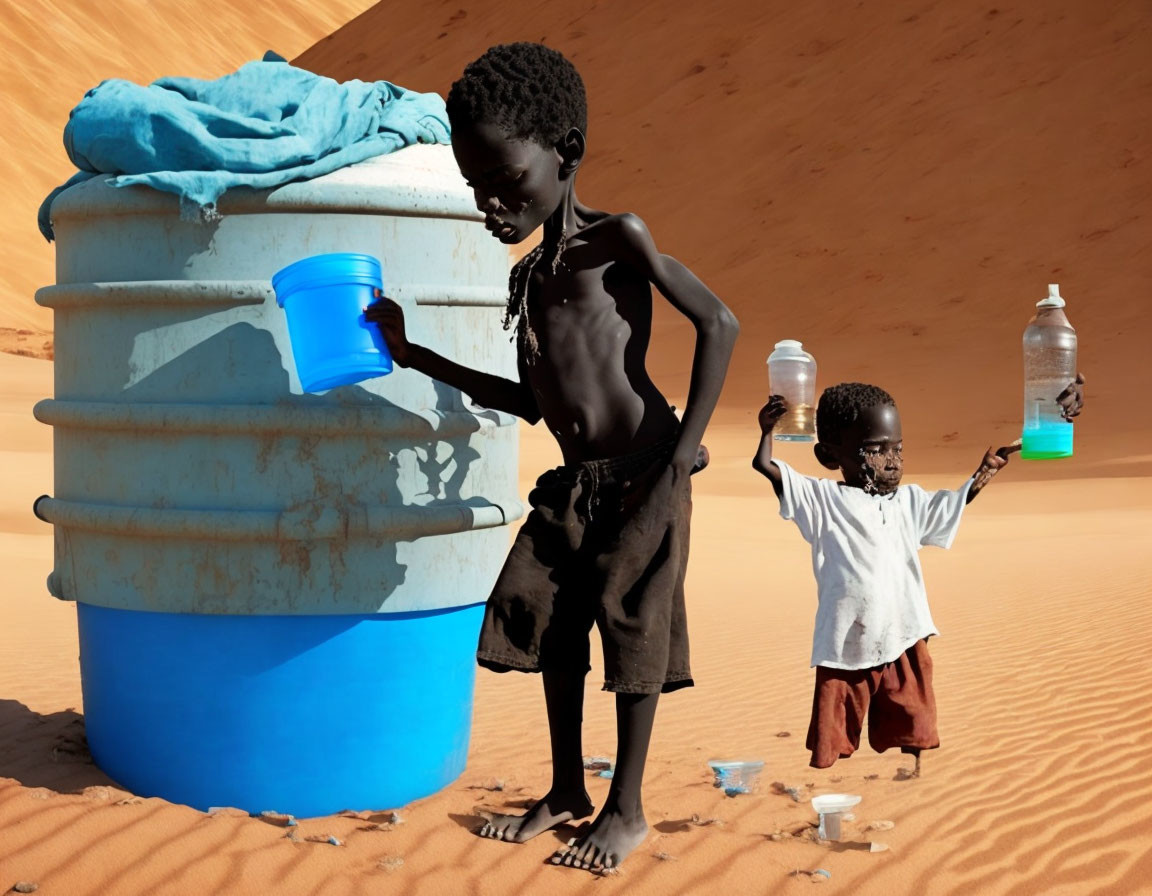 Children collecting water in desert with large container