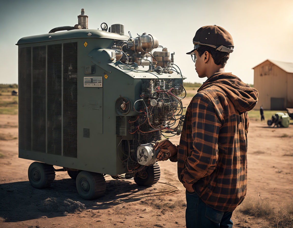 Person in plaid shirt and cap inspects industrial generator outdoors