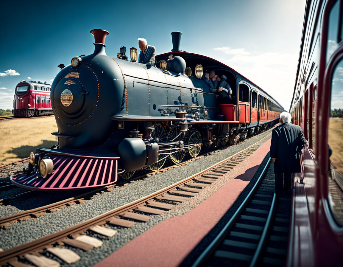 Vintage Steam Locomotive and Conductor at Station with People on Board