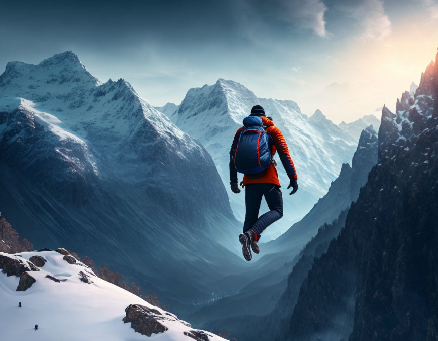 Person in winter attire leaping over snowy mountain landscape at dusk