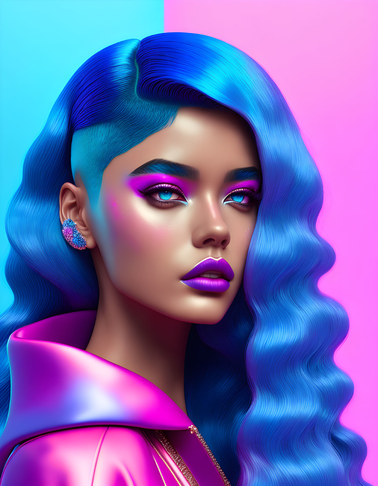 Vibrant digital artwork: Woman with blue hair and pink makeup on split background