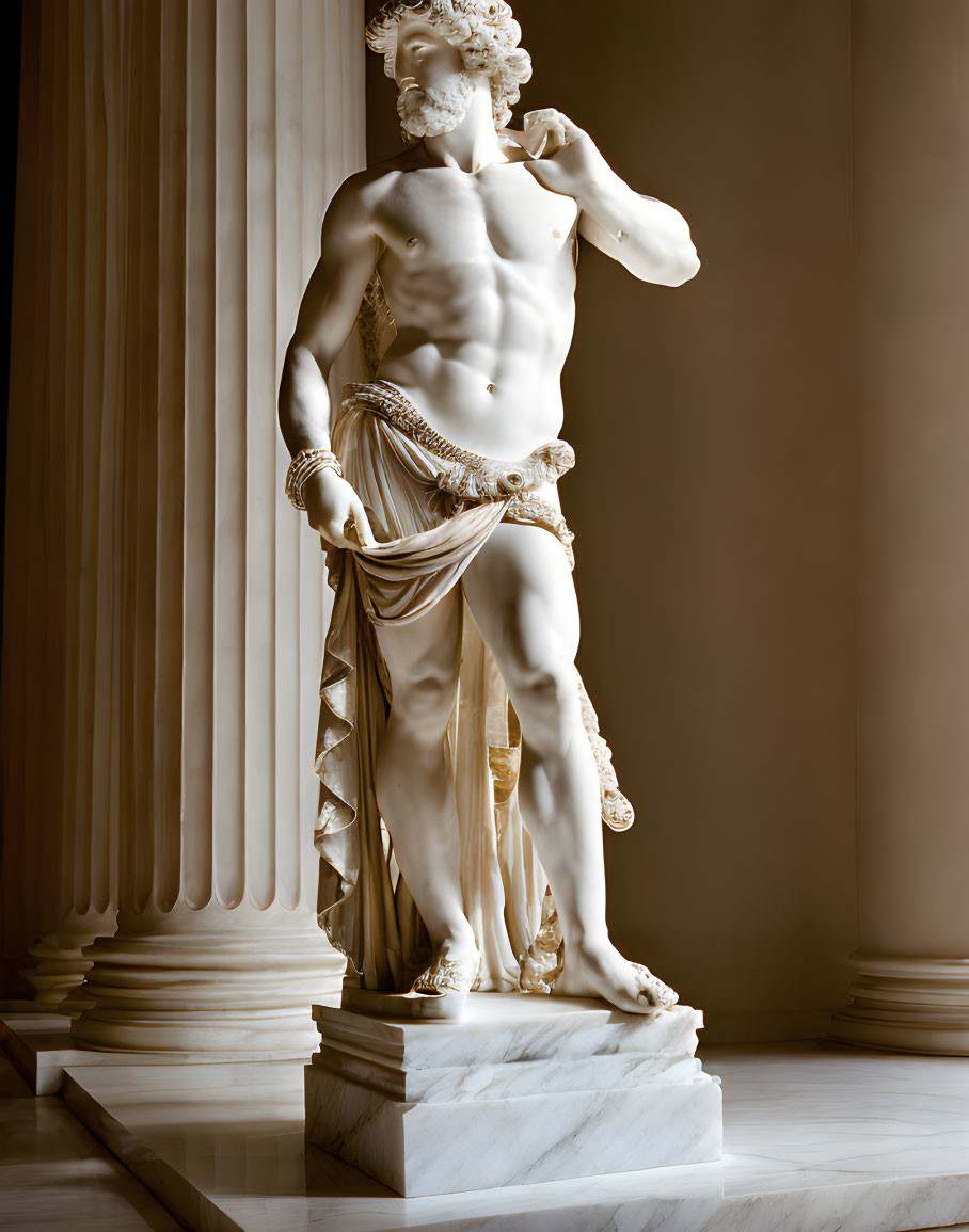 Classical marble statue of male figure in contrapposto stance