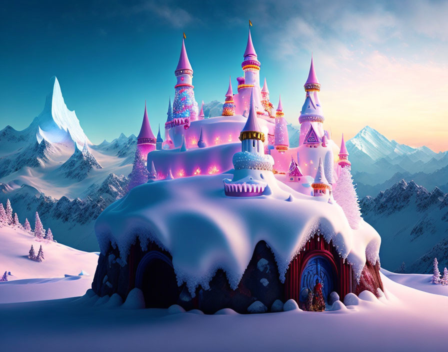 Pink castle in winter landscape with snowy roofs and mountains at twilight